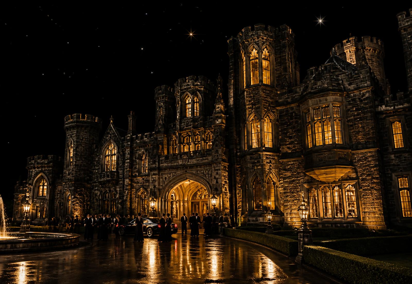 Grey Towers Castle illuminated at night for the gala
